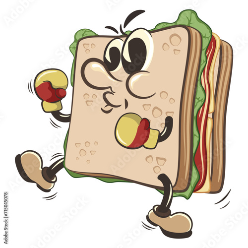 vector illustration of cute sandwich character mascot practicing boxing wearing boxing gloves, work of handmade