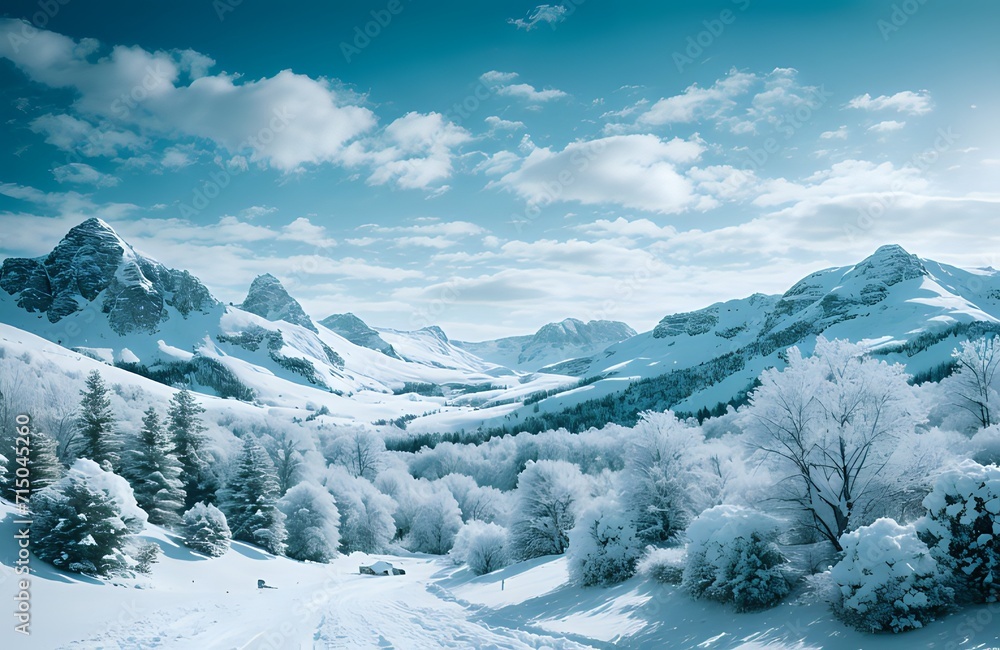 Tranquil Landscape Blanketed in Snow, Where Majestic Trees and Towering Mountains Wear a Glistening Coat of Frost. The Crisp Blue Sky Sets the Stage for a Scene Straight