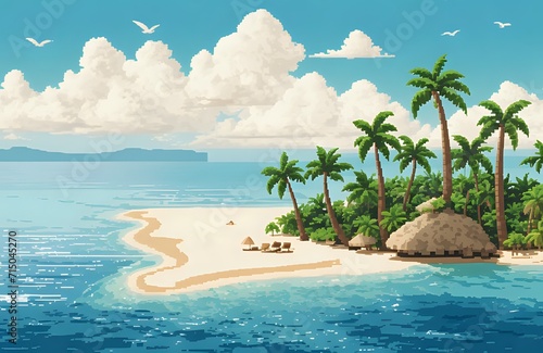 Picture-Perfect Paradise Unveiled  Where Palm Trees Grace Sun-Kissed Beaches  Crystal-Clear Waters Gently Caress the Shore  and the Azure Sky Merges with the Horizon