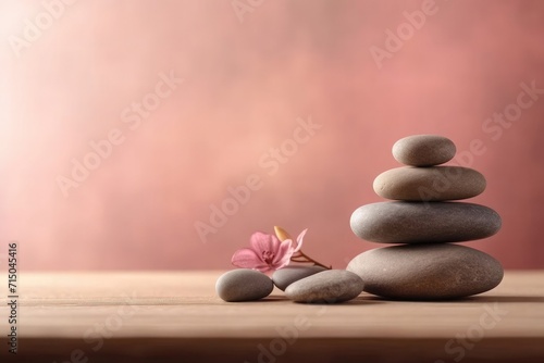 Items for spa treatments and massage, smooth stones, candles, soft light, background with space for text, relaxation and tranquility