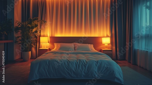 Peaceful sleep environment with dimmed lights and blackout curtains to create an ideal sleeping atmosphere. [Peaceful sleep environment