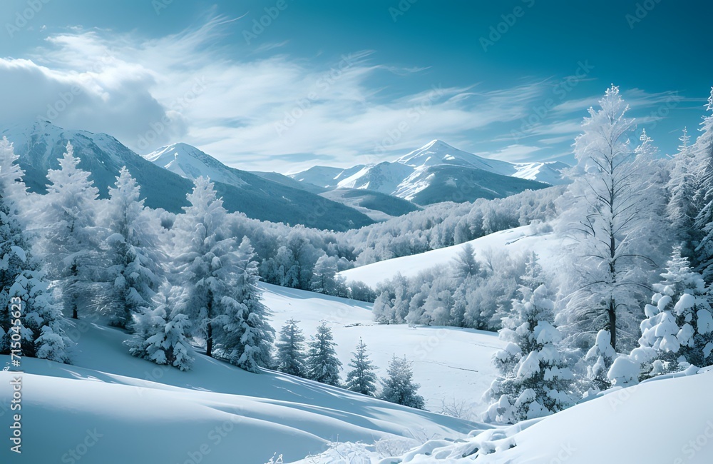 Frosty Tapestry of Snow-Clad Forests and Majestic Mountains, where Nature's Brush Paints a Christmas Scene in Shades of White and Blue, Inviting Adventure along Frozen Roads and Ski Trails