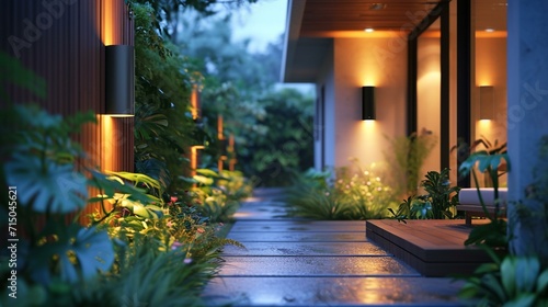 Smart motion-activated lighting system enhancing security around the perimeter of the house. [Motion-activated lighting system for security photo