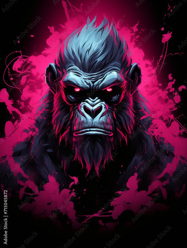 T-shirt design, Motive featuring a fierce gorilla with a vibrant pink mohawk and matching accessories standing in a powerful stance created with Generative Ai