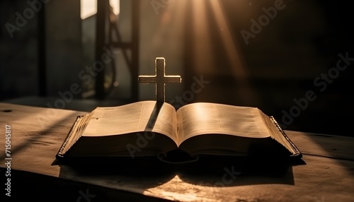 Sunlight shining on a Bible book and the cross silhouette of the Holy Jesus Christ