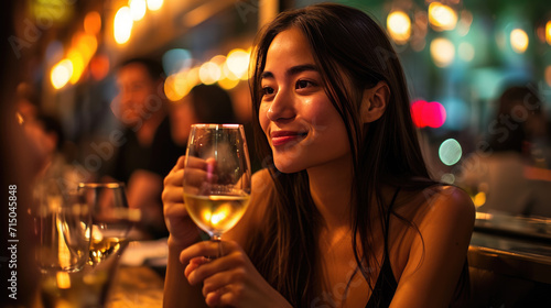Woman enjoying a glass of wine, smiling and seemingly engaged in a pleasant atmosphere
