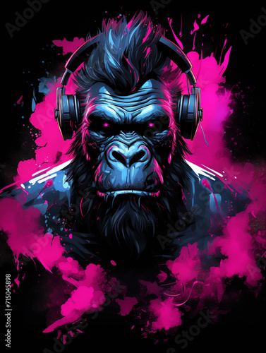 T-shirt design  Motive featuring a fierce gorilla with a vibrant pink mohawk and matching accessories standing in a powerful stance created with Generative Ai