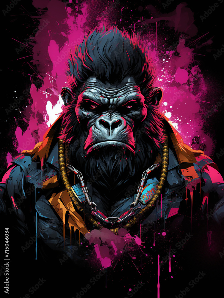 T-shirt design, Motive featuring a fierce gorilla with a vibrant pink mohawk and matching accessories standing in a powerful stance created with Generative Ai T-shirt design, Motive featuring a fierce gorilla with a vibrant pink mohawk and matching accessories standing in a powerful stance created with Generative Ai