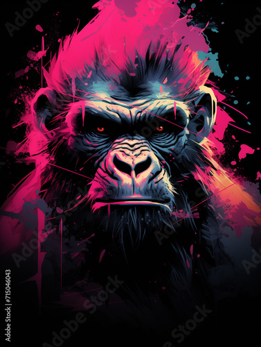 T-shirt design, Motive featuring a fierce gorilla with a vibrant pink mohawk and matching accessories standing in a powerful stance created with Generative Ai © Andrii Yablonskyi
