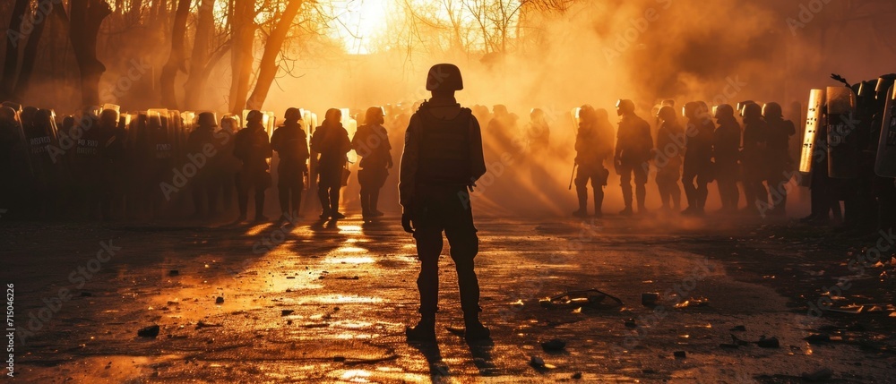Fototapeta premium A lone protester stands resolute in front of a crowd, symbolizing peaceful resistance. Generative AI.