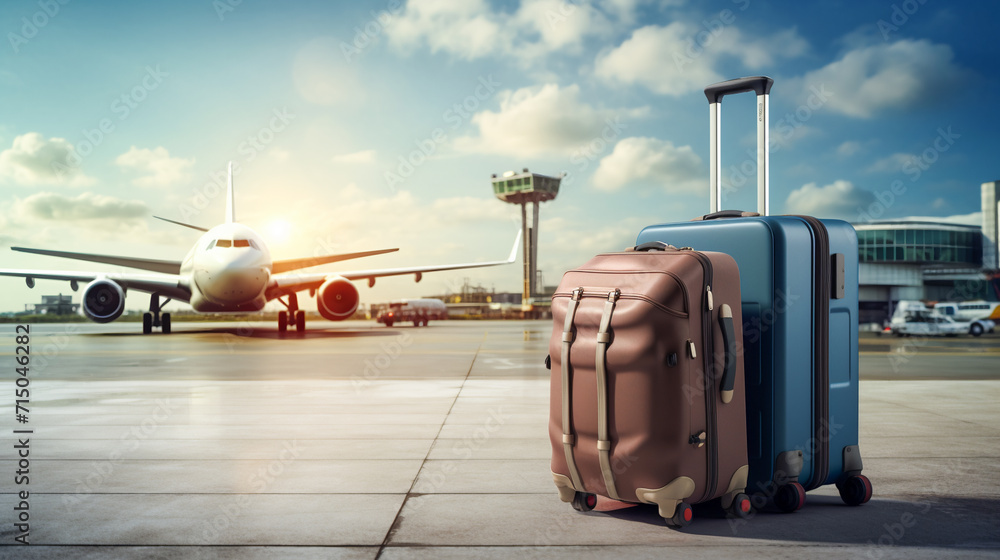 Fototapeta premium Suitcase in front of the plane at the airport