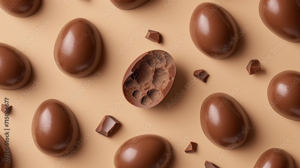 Fototapeta premium Pattern of chocolate easter eggs with one bitten