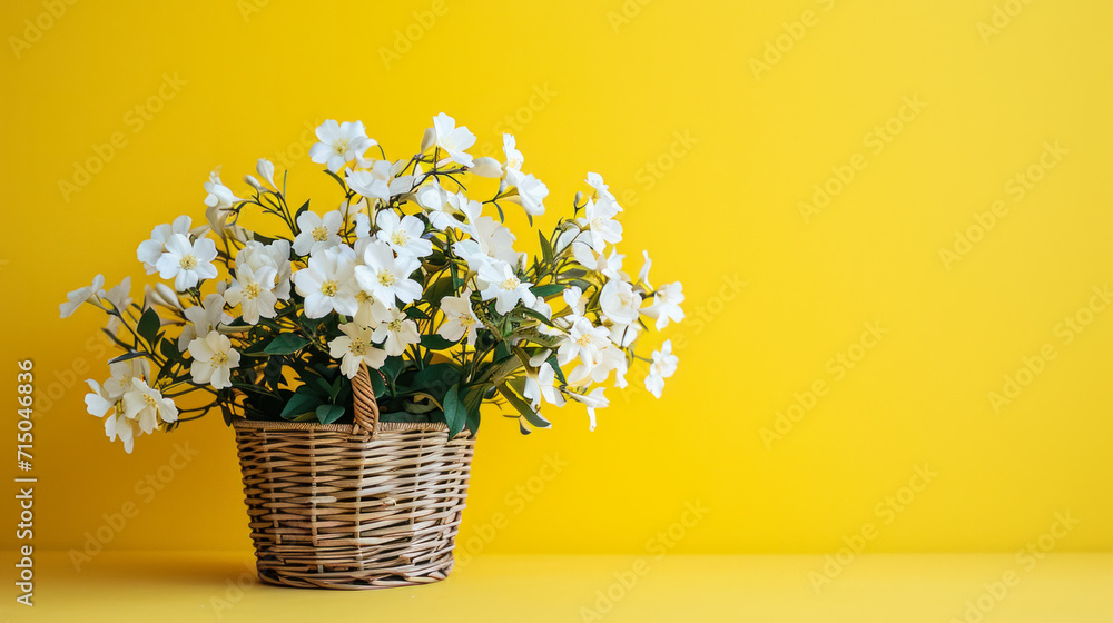 White spring flowers in a wooden basket on a yellow background. Background image. Spring concept, plant.