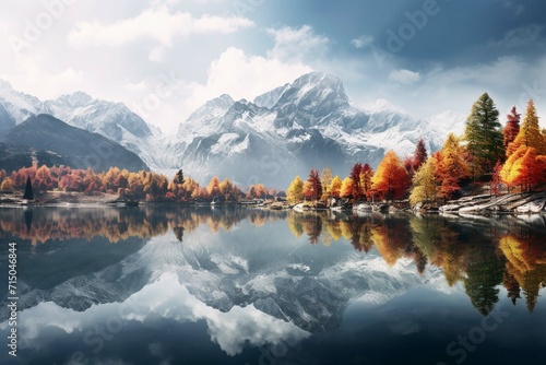  Chinese autumn landscape with autumn trees and majestic mountains. Beautiful panorama of the autumn foliage in the lake with beautiful reflection