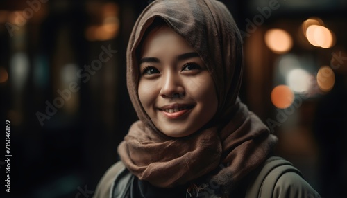 Smiling asian woman wearing a hijab looking at the camera