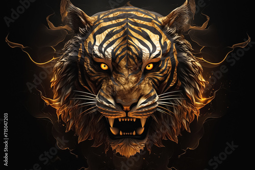 Tiger head with fire flames on a black background. Generative Ai © Alexandra