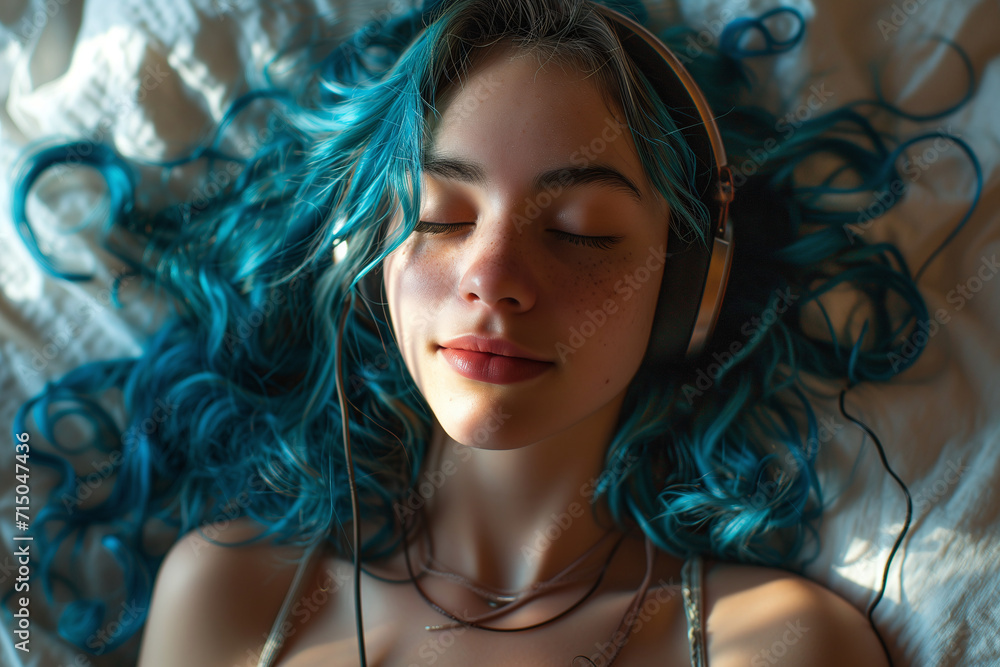 Fototapeta premium Close up of a woman with curly blue long hair lying on a sofa, or sleeping, listening to music, audio book or podcast, enjoying meditation for sleep and peaceful mind. Rest And Relax Concept