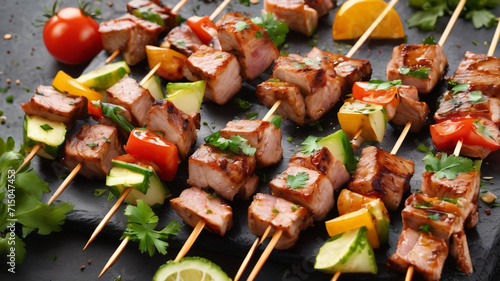 skewers with delicious meat on transparent background, Grilled pork skewers