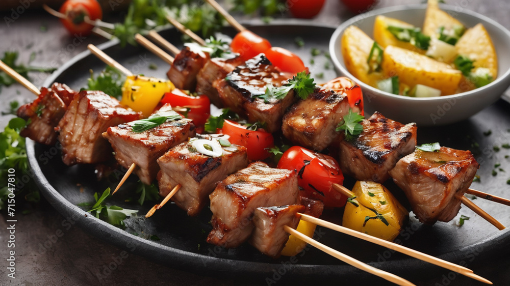 skewers with delicious meat on transparent background,  Grilled pork skewers