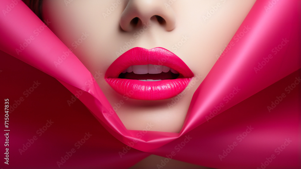 Fototapeta premium Vibrant Pink Lips Glimpsing Through Colored Paper