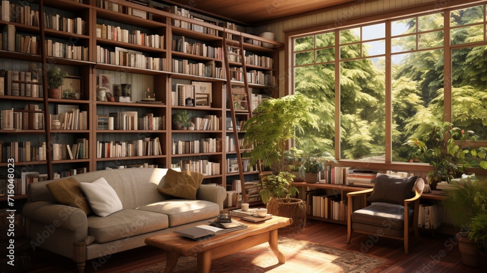 Inviting Atmosphere: A Cozy Reading Room with Floor-to-Ceiling Bookshelves and Comfortable Seating - AI-Generative
