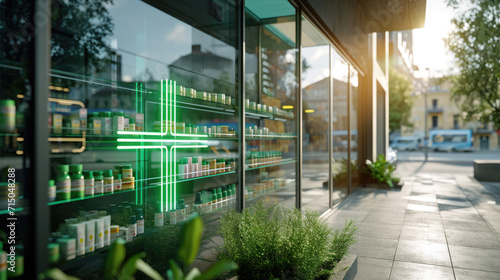 Pharmacy with a glowing neon cross sign in an urban setting, showcasing the pharmacy's exterior with shelves of products visible through the window. photo