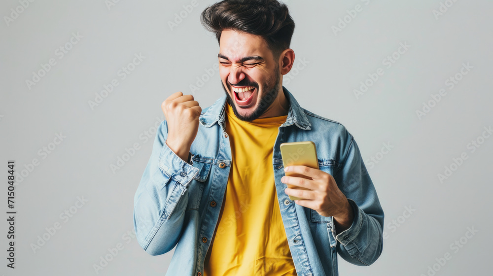 Man smiling and looking at his smartphone, which he holds in his hands. Man smiling and looking at his smartphone, which he holds in his hands.