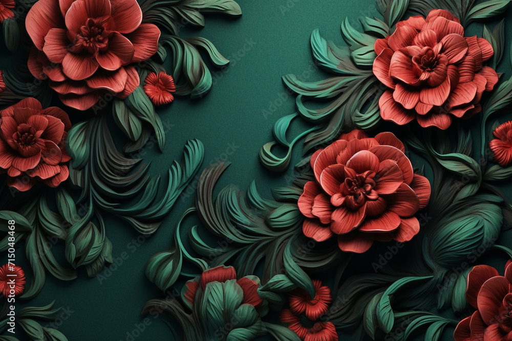 Decorative green and red blooming flowers in Rococo style background. Copy space and luxurious style - obrazy, fototapety, plakaty 
