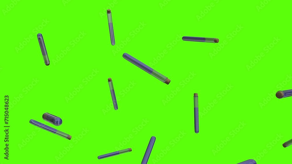Test tubes background. Falling glass test tubes over green screen or chroma key. Rain of tes tubes across the screen. Test tubes background. Falling glass test tubes over green screen or chroma key. Rain of tes tubes across the screen.