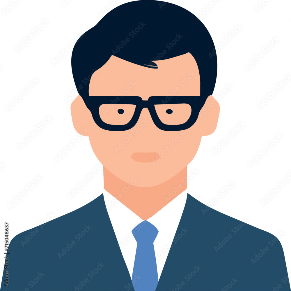 describe a male human avatar with short, dark hair, wearing glasses and a business suit, icon