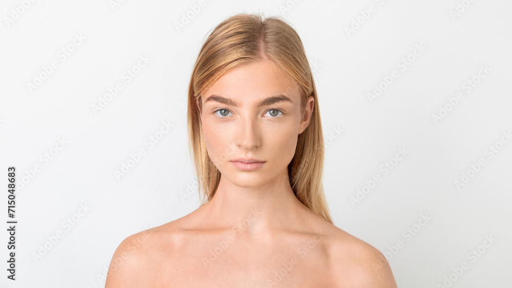 blonde pretty lady looking with calm expression over white background blonde pretty lady looking with calm expression over white background