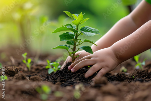 Child's hands planting young tree sapling in soil. Environmental conservation and education concept for Earth Day and eco-friendly activities 