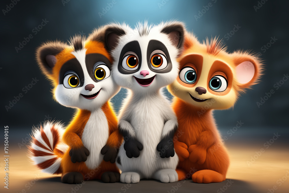 3D art illustration of cute lemurs, in pastel colors background, nature background. Animation cartoon charecter. Friendship concept.