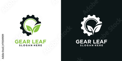 gear design template with green leaves. gear leaf logo with a simple concept photo