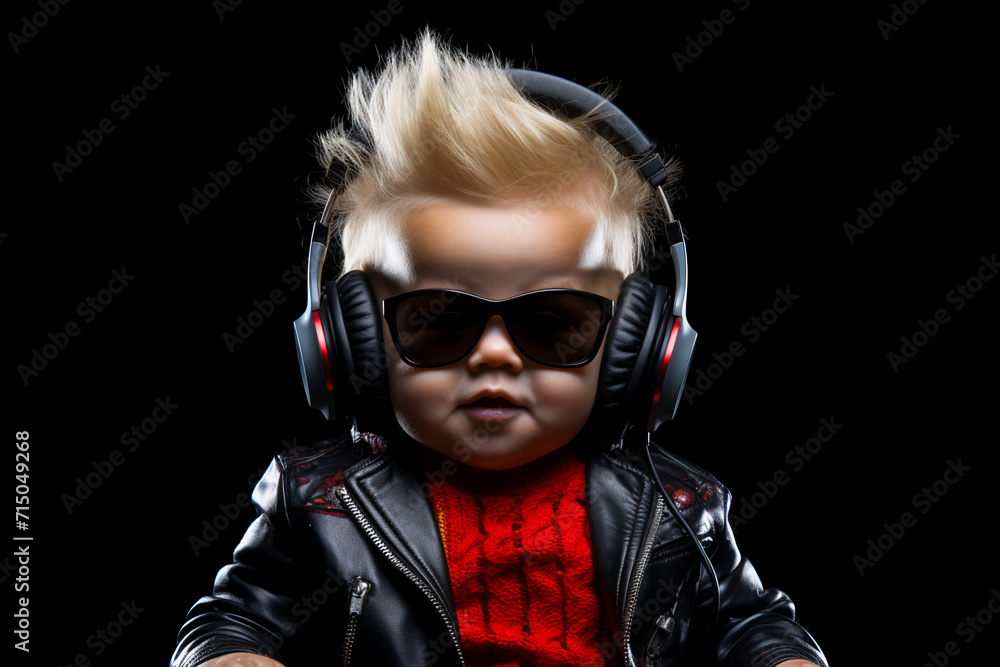 portrait of a crazy baby in headphones on a black background portrait of a crazy baby in headphones on a black background