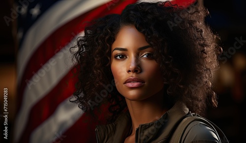A serious and beautiful long-haired girl posing against the backdrop of the USA flag © YULIA