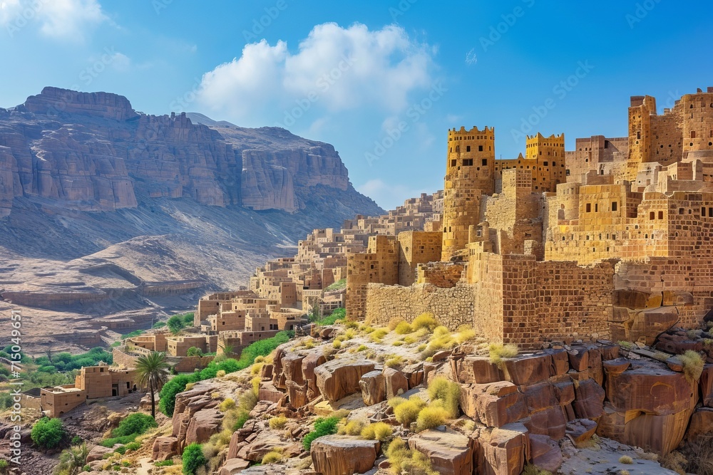 Fototapeta premium Historic Mud Brick High-Rise Village at Cliff Base 