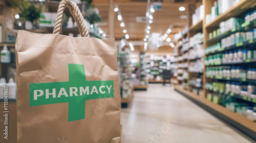 Close-up of a brown paper pharmacy bag with a green cross and the word 