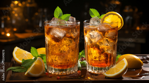 iced tea with lemon and ice in tall glasses