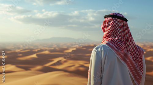 In traditional thwab attire, the Arab businessman gazes at the mesmerizing desert, finding inspiration for success in the vast, untamed landscapes of the Middle East