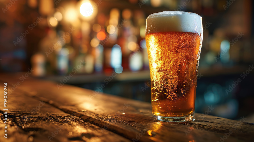 Full glass of beer with frothy head placed on a wooden bar top, with a blurred background featuring bottles. Full glass of beer with frothy head placed on a wooden bar top, with a blurred background featuring bottles.