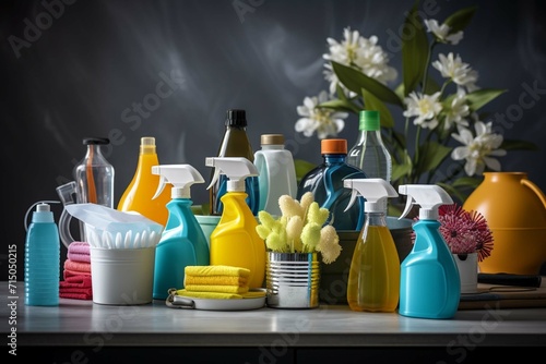 Collection of cleaning products and tools in living room