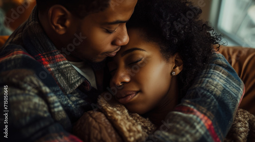 Happy young African American couple hugging and enjoying each other together on the sofa at home. The concept of leisure, relaxation, love.