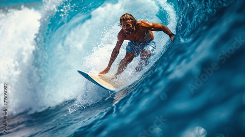 A man Experience the thrill of surfing in the azure sea, where blue water meets the perfect waves. A coastal adventure awaits, offering surfers the ultimate blend of excitement and aquatic freedom © Keshan