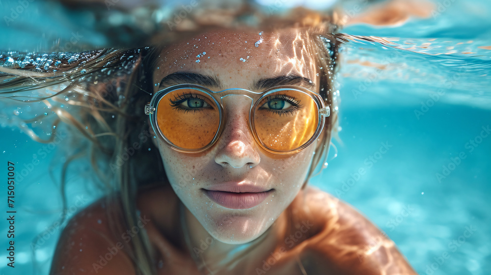 Naklejka premium A girl Experience the thrill of surfing in the azure sea, where blue water meets the perfect waves. A coastal adventure awaits, offering surfers the ultimate blend of excitement and aquatic freedom