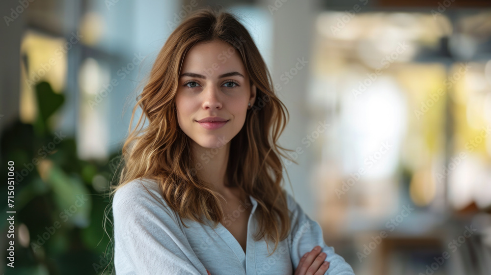 Portrait of a young woman standing in a creative office, looking at the camera. Beautiful business woman in a modern agency. Coworking concept. Portrait of a young woman standing in a creative office, looking at the camera. Beautiful business woman in a modern agency. Coworking concept.