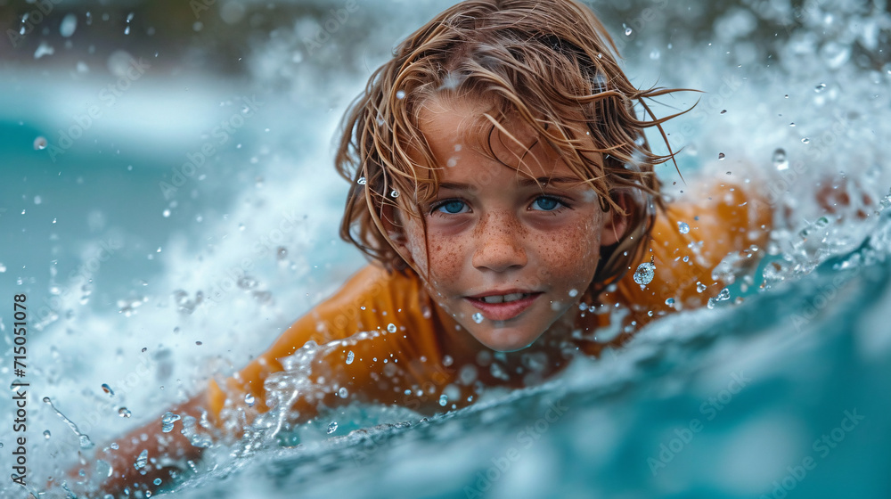 Obraz premium A Boy Experience the thrill of surfing in the azure sea, where blue water meets the perfect waves. A coastal adventure awaits, offering surfers the ultimate blend of excitement and aquatic freedom