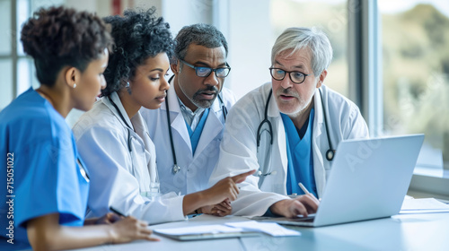 Focused group of medical professionals, including three doctors and nurses, gathered around a laptop, discussing or reviewing something of importance.