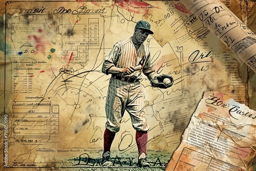 Vintage Baseball Legacy: An Artistic Collage of Historical Documents and Player photo