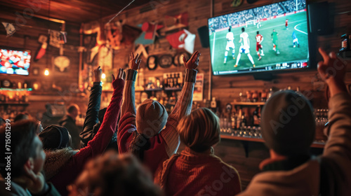 Vibrant sports bar atmosphere where patrons are energetically celebrating photo